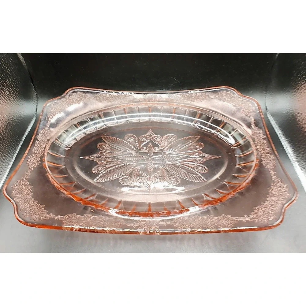 Vintage Jeanette Pink Depression Glass Curved Platter Adam Pattern 11.75